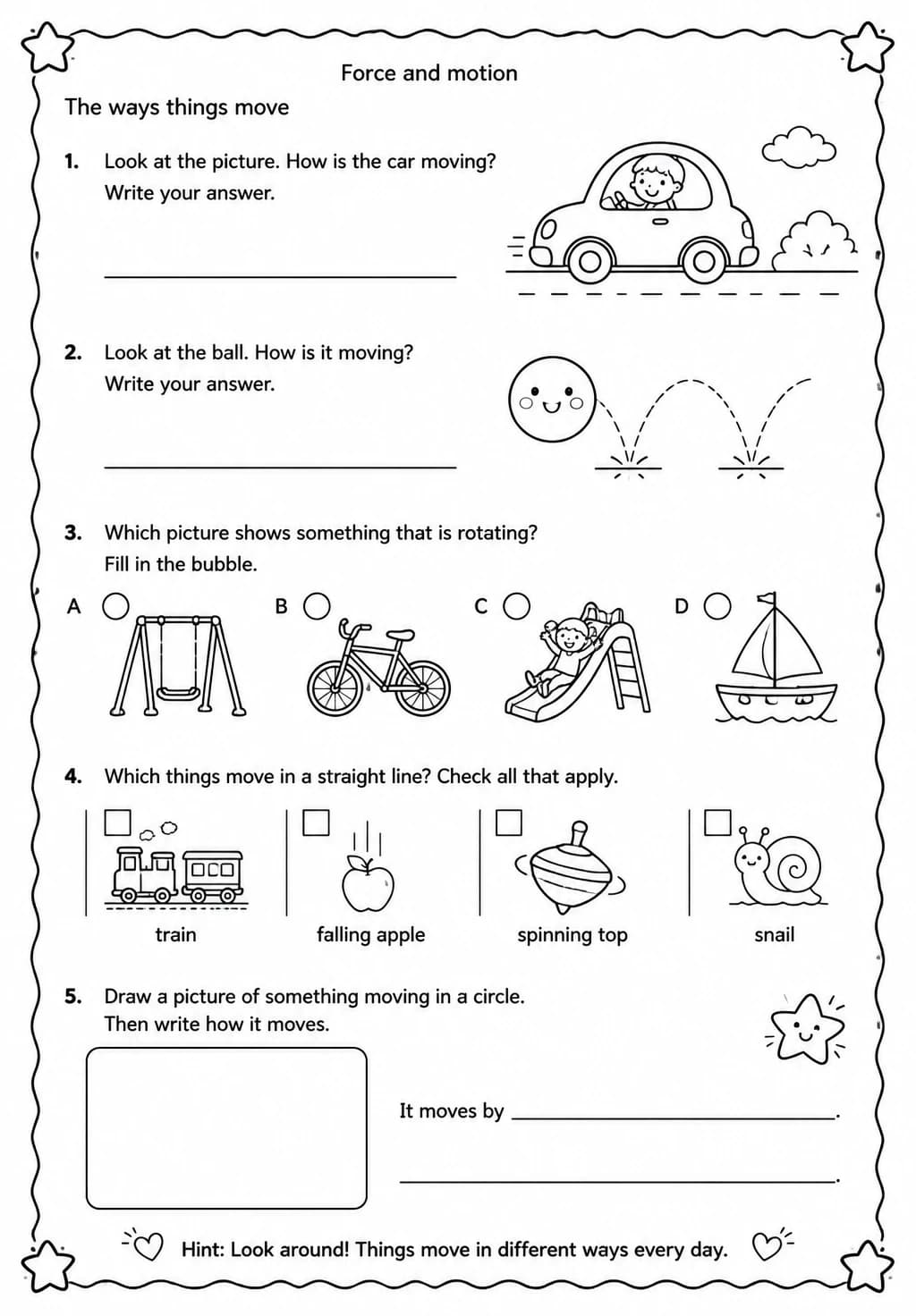 The ways things move — free printable Kindergarten Science worksheet