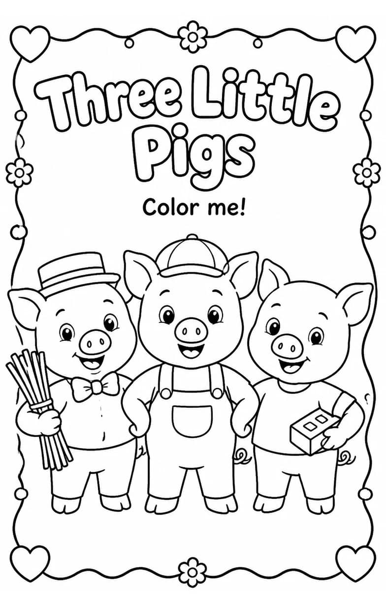 Three Little Pigs Coloring Pages — free printable Kindergarten Art worksheet