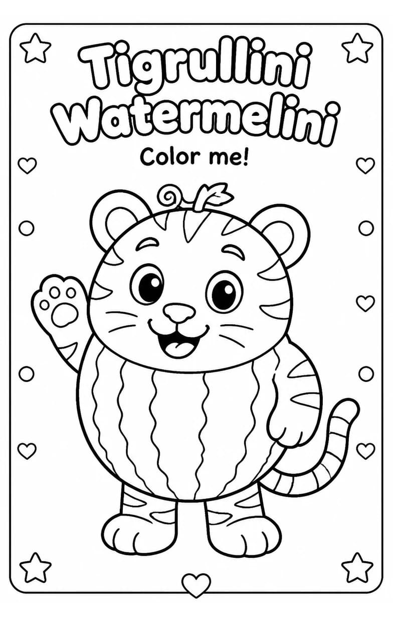 Tigrullini Watermelini Coloring Pages — free printable Kindergarten Art worksheet