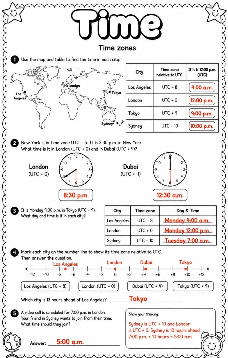 Answer key for Time zones — free printable Math worksheet