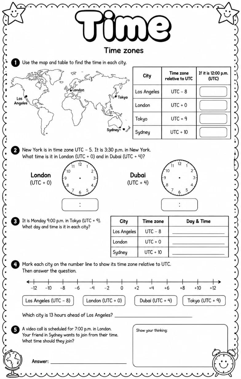 Time zones — free printable Grade 4 math worksheet