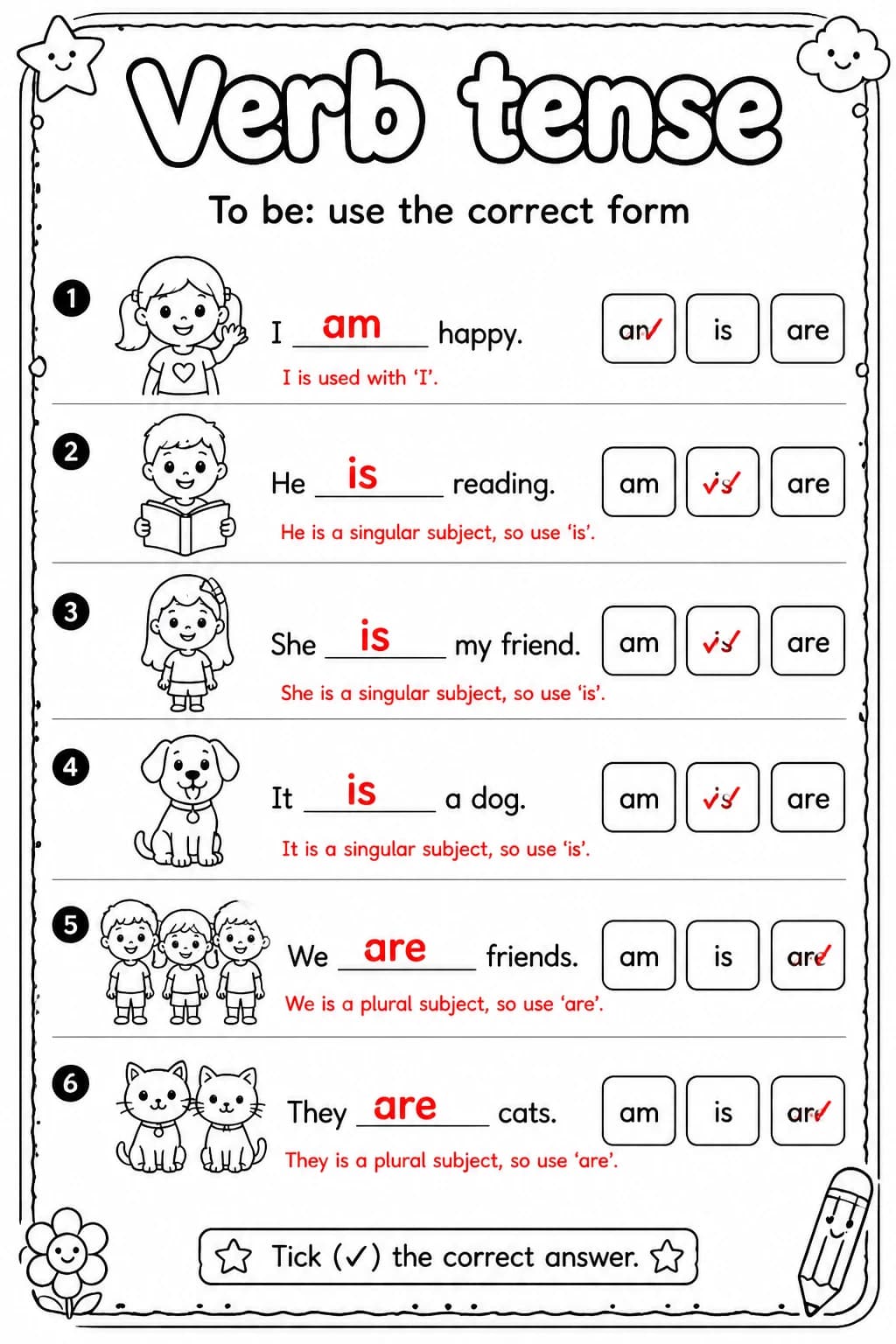 Answer key for To be: use the correct form — free printable English & Reading worksheet