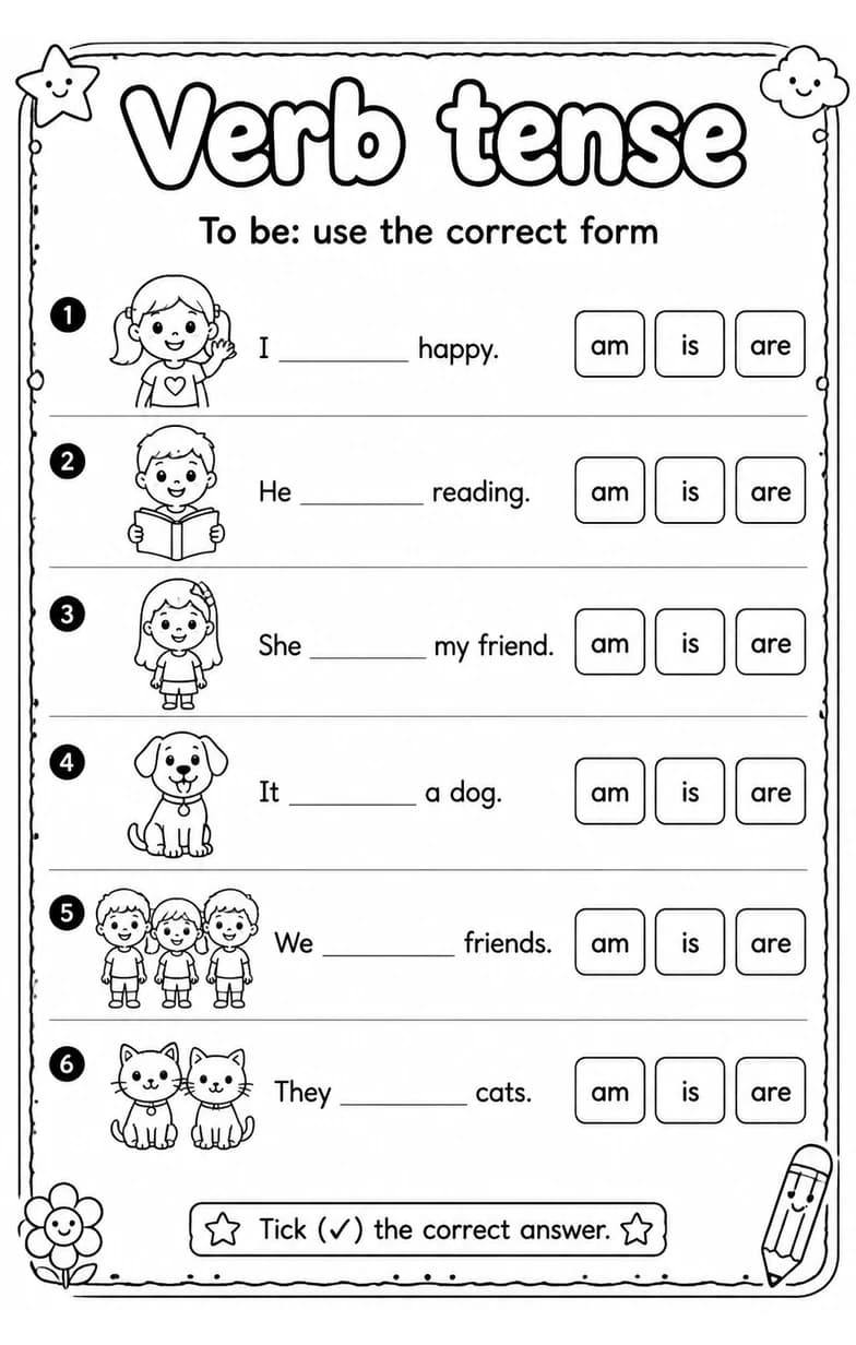 To be: use the correct form — free printable Grade 1 English & Reading worksheet