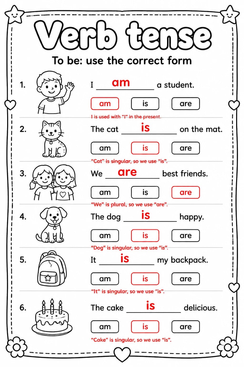Answer key for To be: use the correct form — free printable English & Reading worksheet