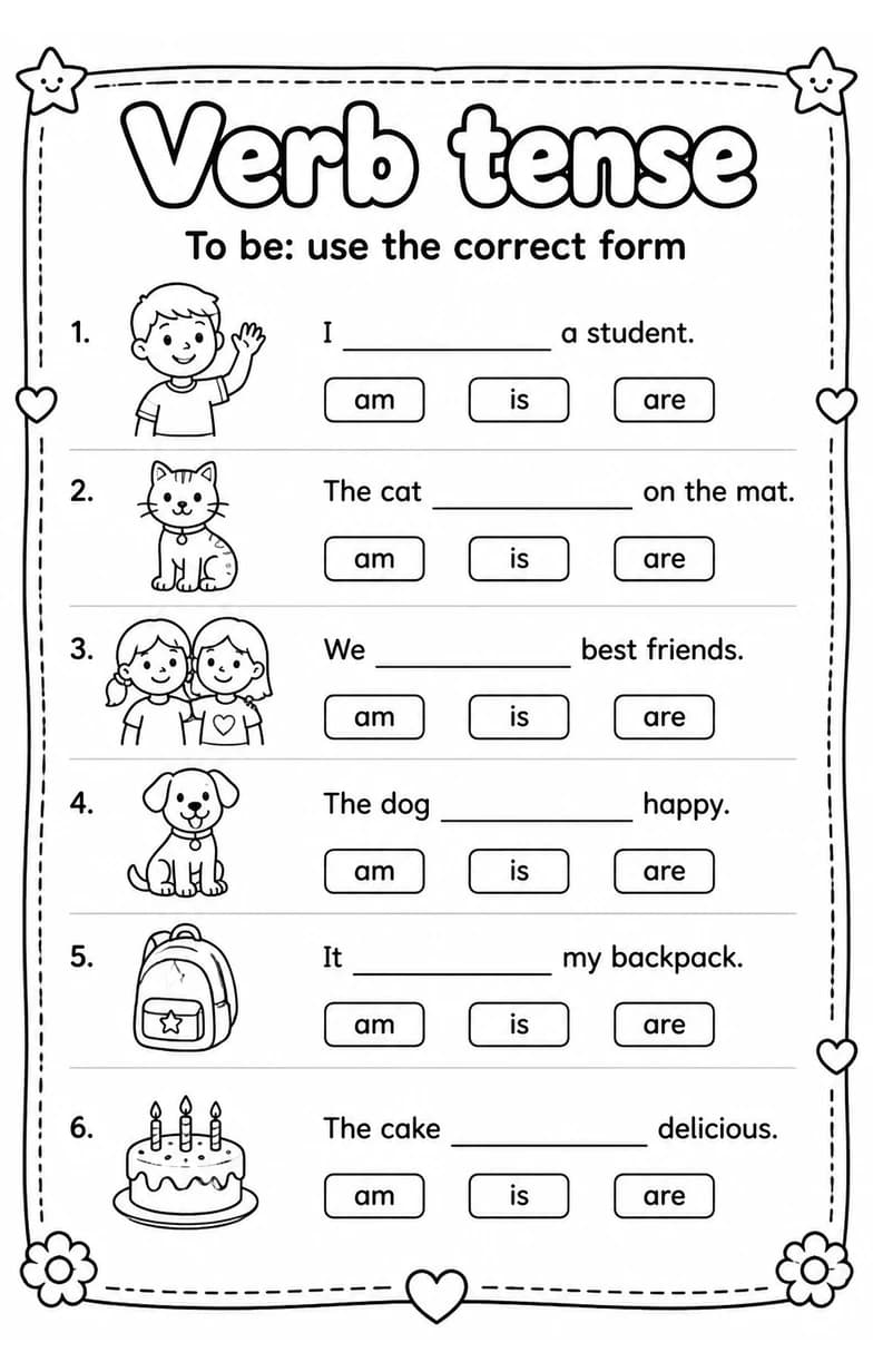 To be: use the correct form — free printable Grade 2 English & Reading worksheet
