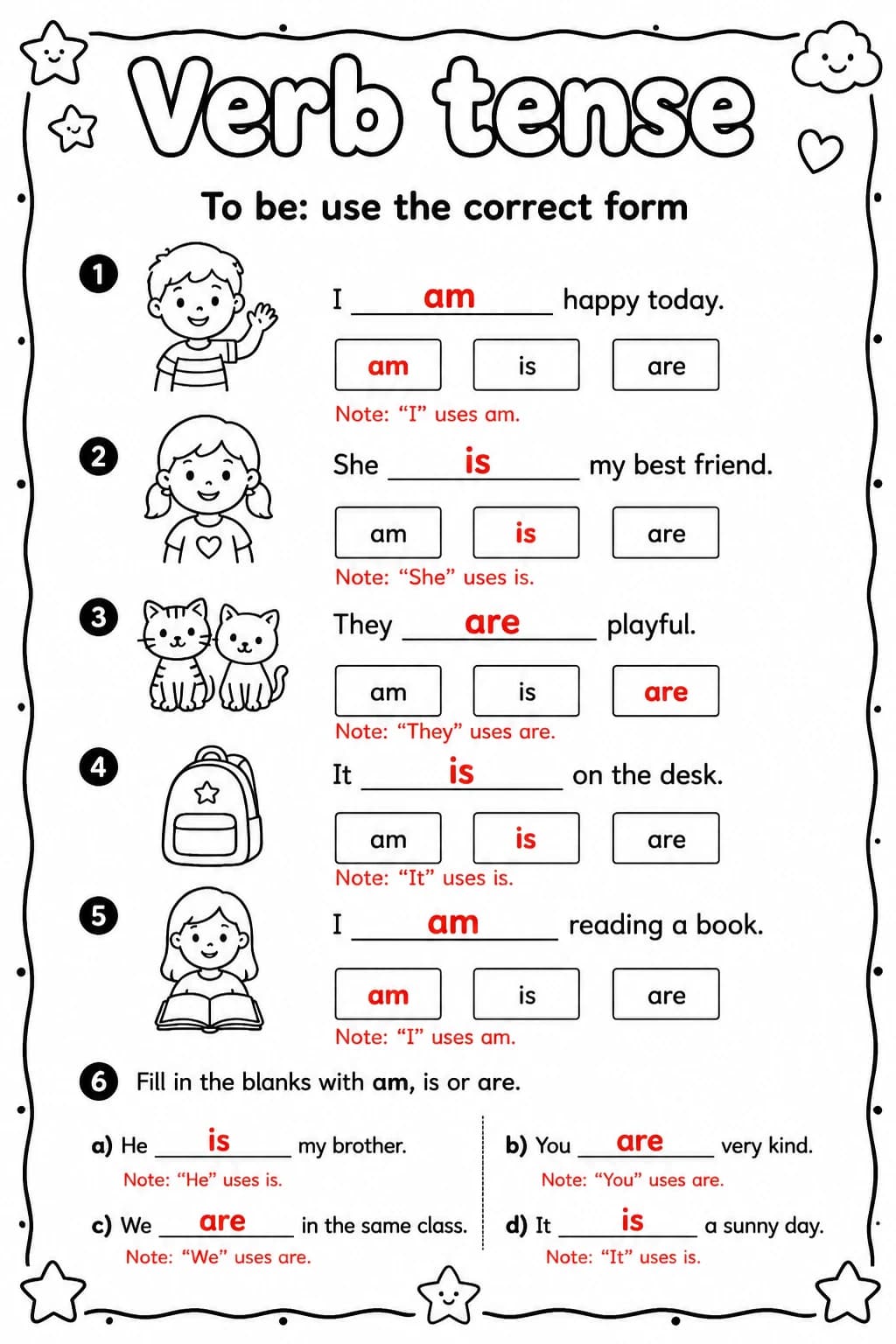 Answer key for To be: use the correct form — free printable English & Reading worksheet