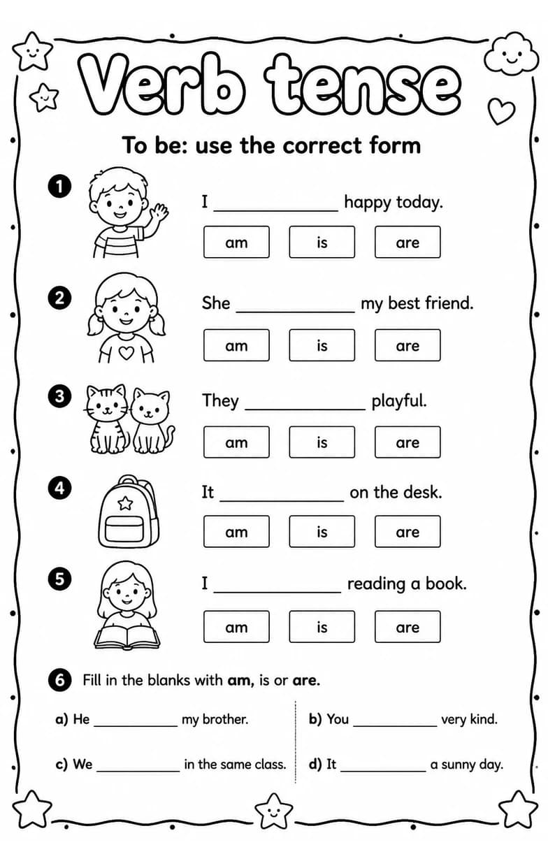 To be: use the correct form — free printable Grade 3 English & Reading worksheet