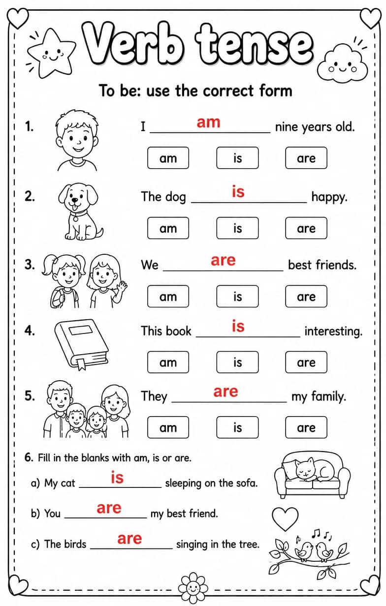 Answer key for To be: use the correct form — free printable English & Reading worksheet