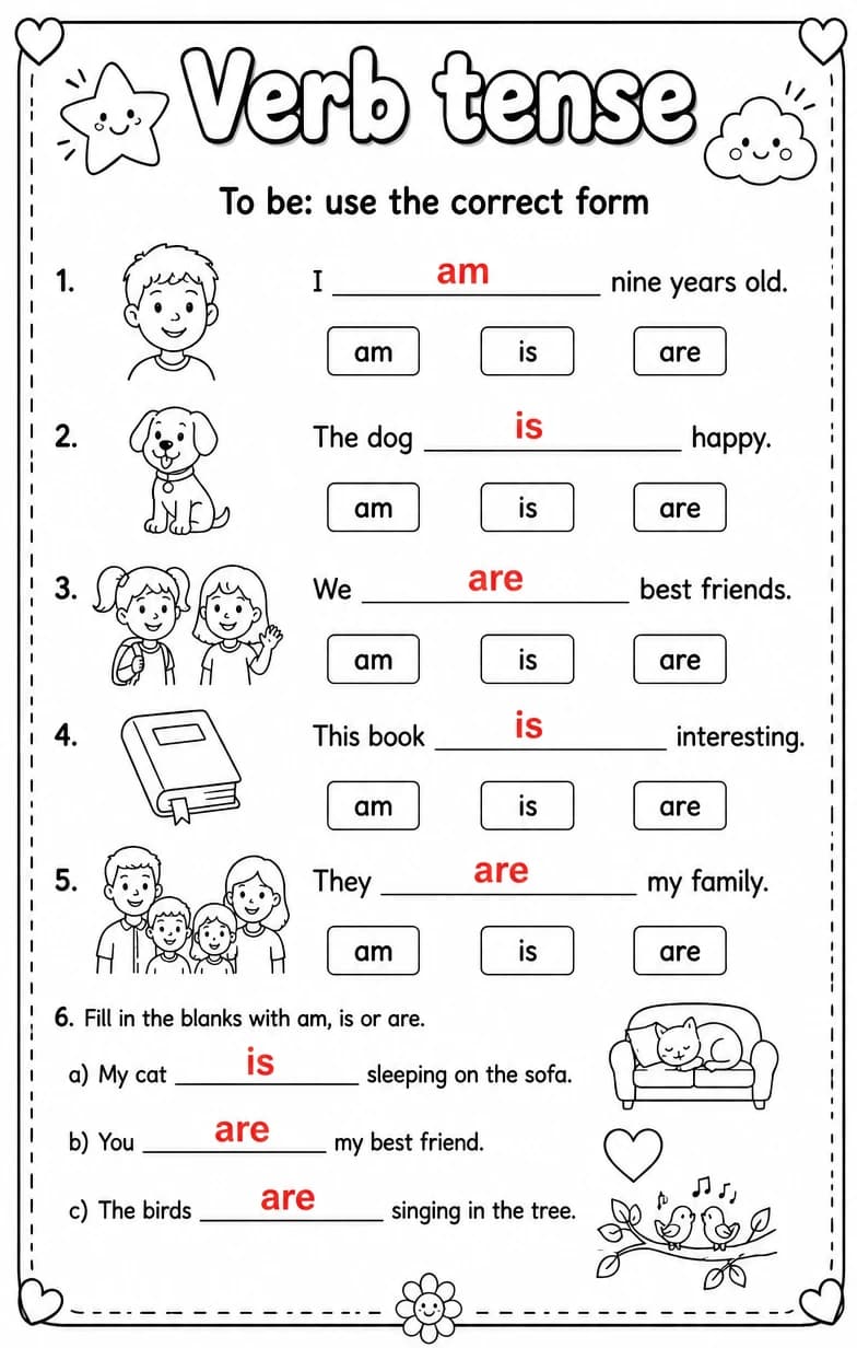 Answer key for To be: use the correct form — free printable English & Reading worksheet