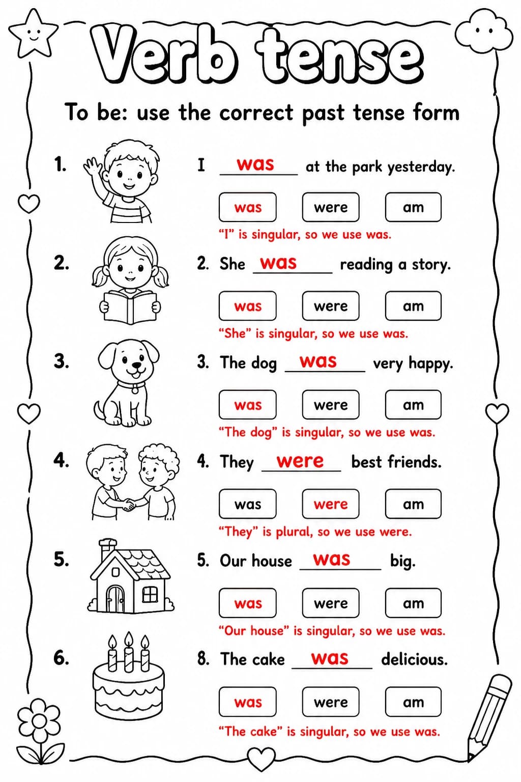 Answer key for To be: use the correct past tense form — free printable English & Reading worksheet