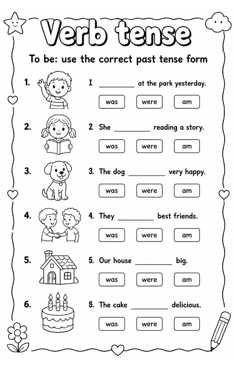 To be: use the correct past tense form — free printable Grade 1 English & Reading worksheet