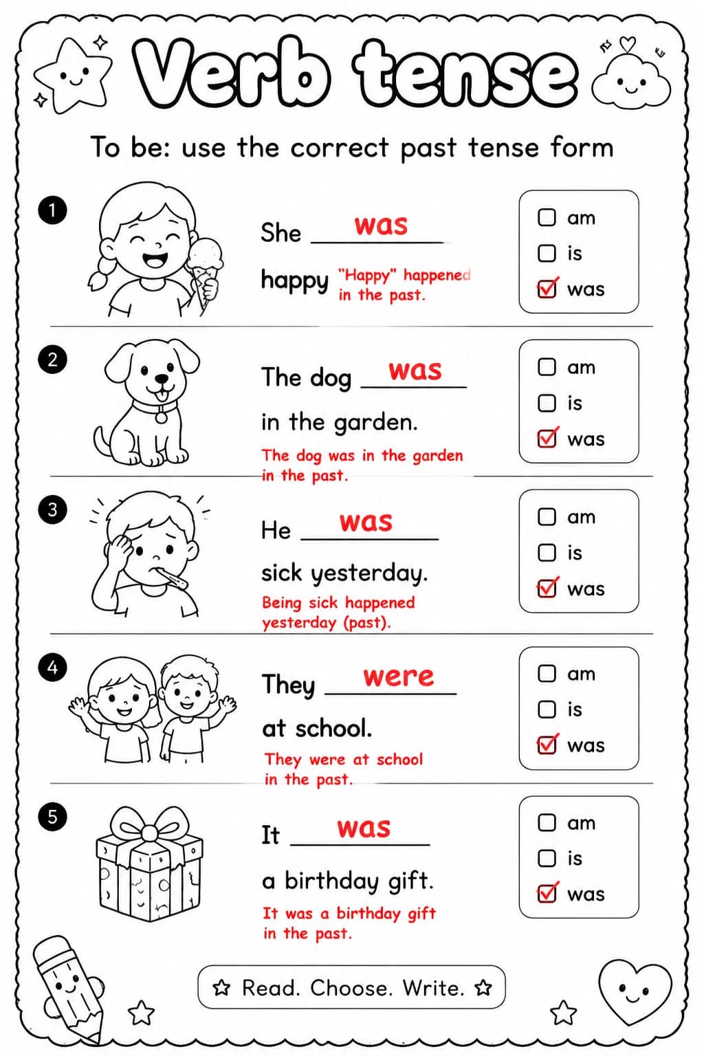 Answer key for To be: use the correct past tense form — free printable English & Reading worksheet
