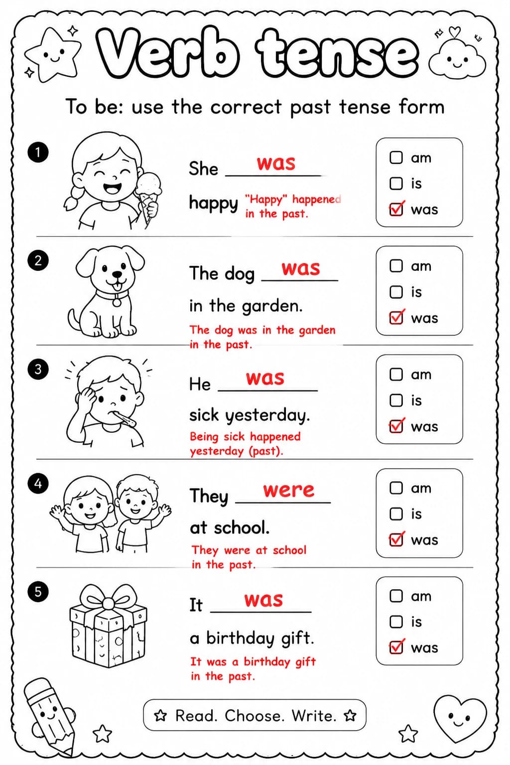 Answer key for To be: use the correct past tense form — free printable English & Reading worksheet