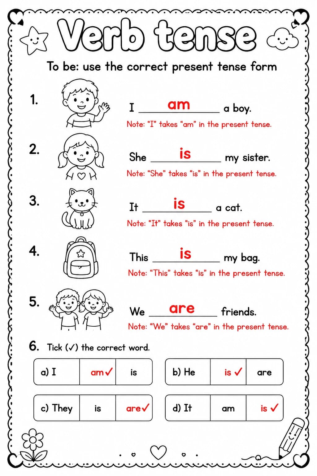 Answer key for To be: use the correct present tense form — free printable English & Reading worksheet