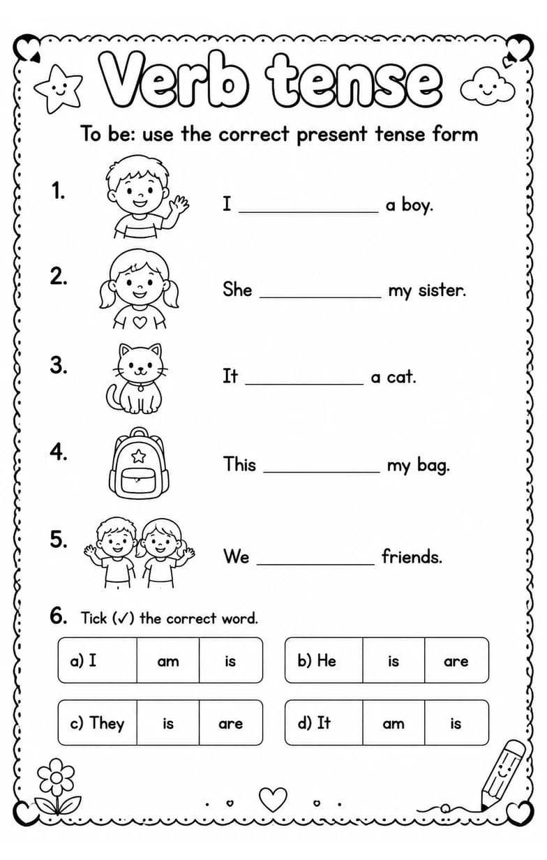 To be: use the correct present tense form — free printable Grammar and mechanics English worksheet