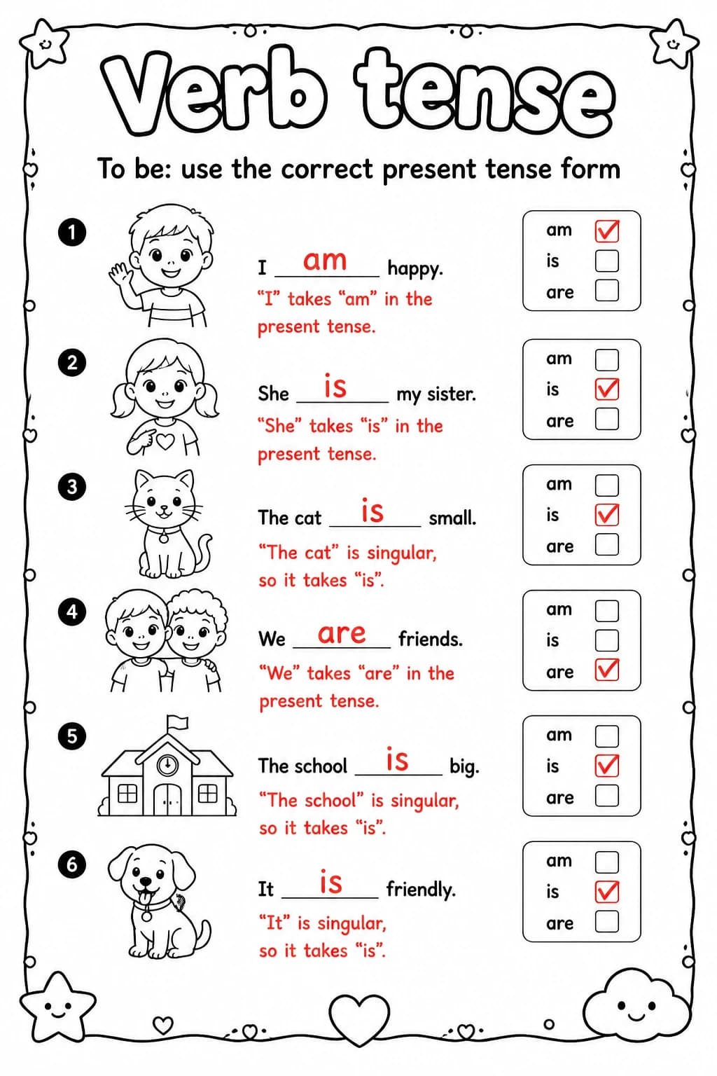 Answer key for To be: use the correct present tense form — free printable English & Reading worksheet