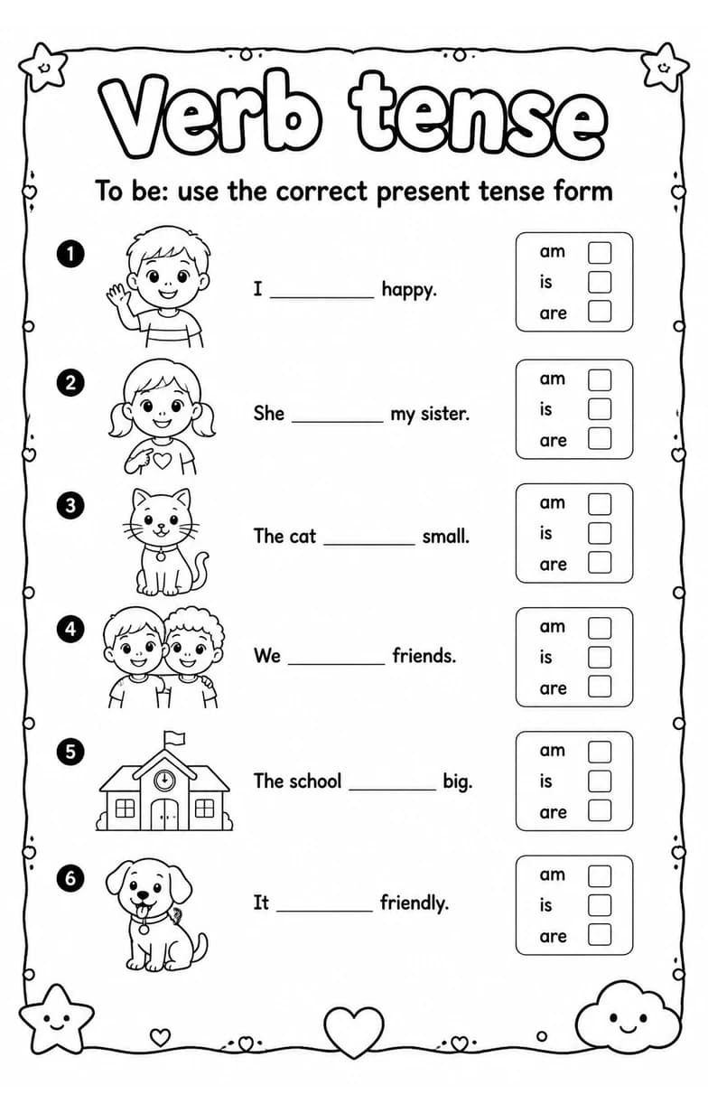 To be: use the correct present tense form — free printable Grade 2 English & Reading worksheet
