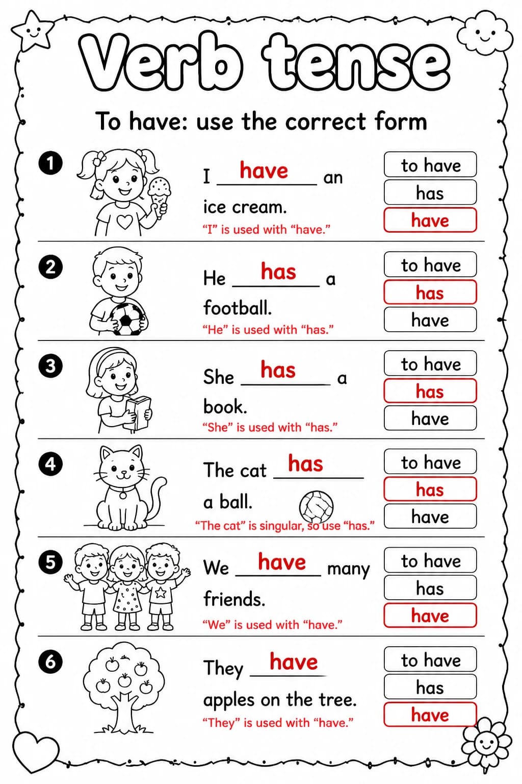 Answer key for To have: use the correct form — free printable English & Reading worksheet