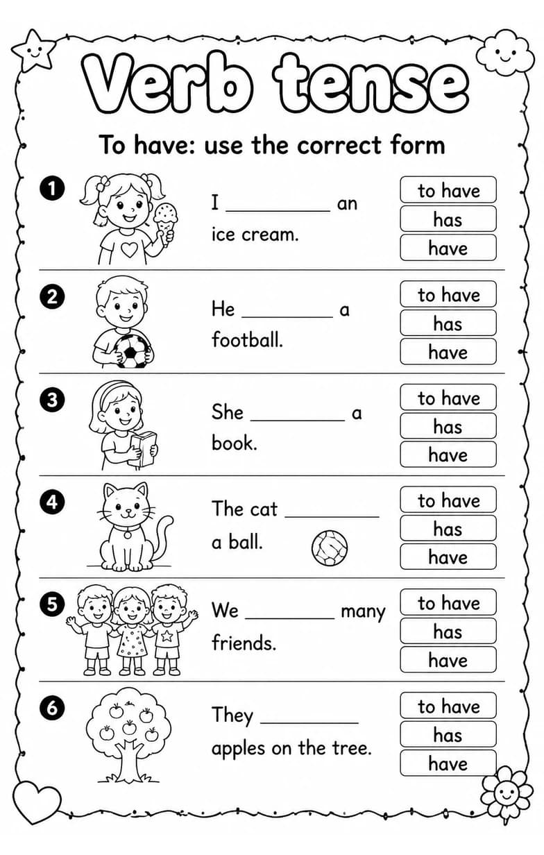 To have: use the correct form — free printable Grade 1 English & Reading worksheet
