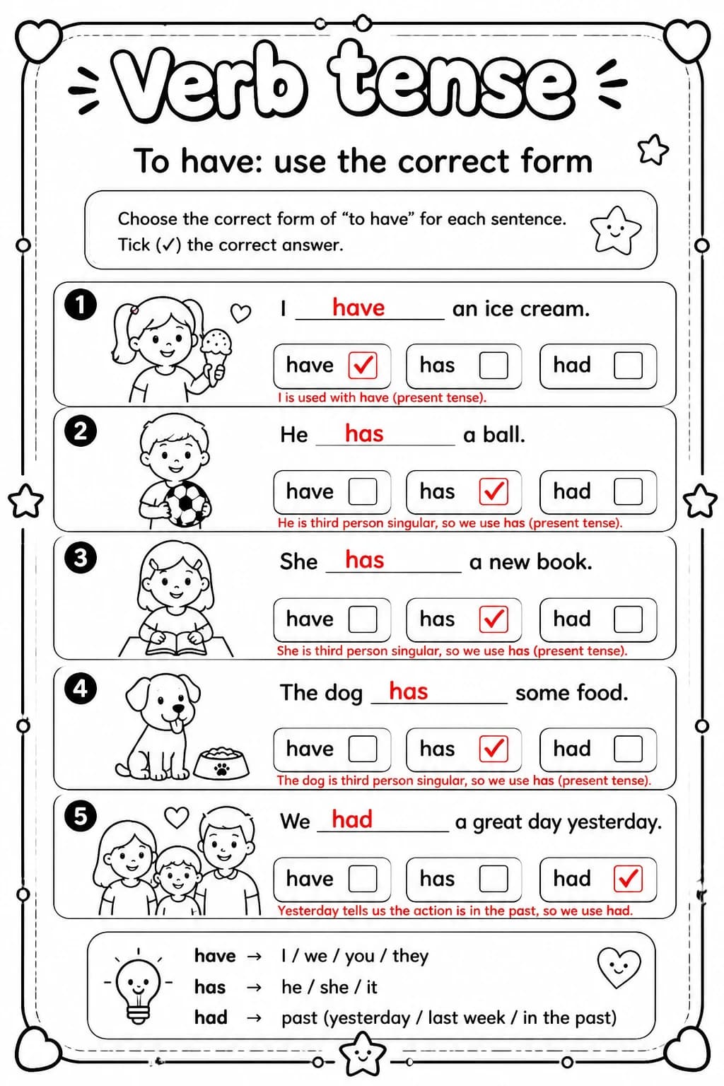 Answer key for To have: use the correct form — free printable English & Reading worksheet