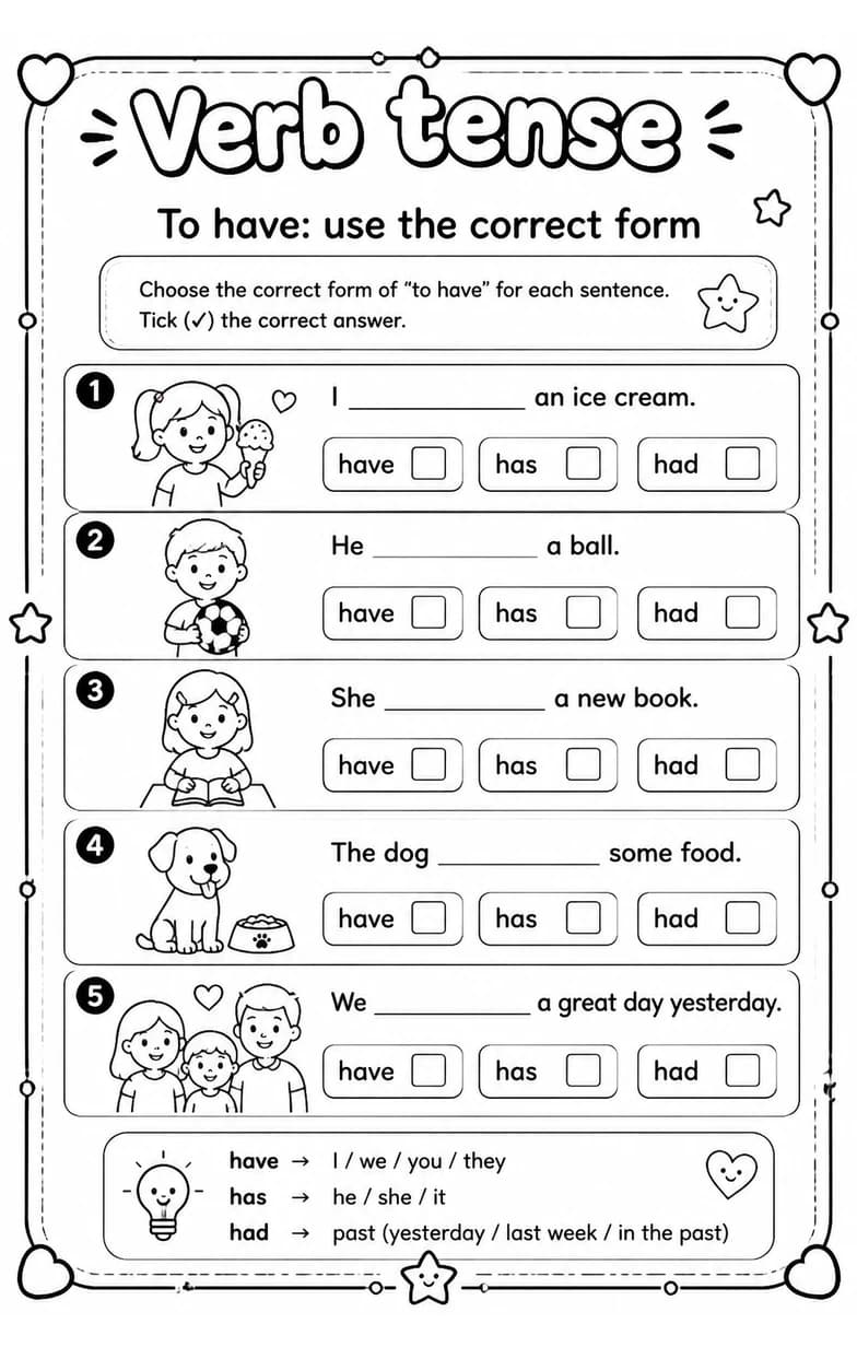 To have: use the correct form — free printable Grade 2 English & Reading worksheet