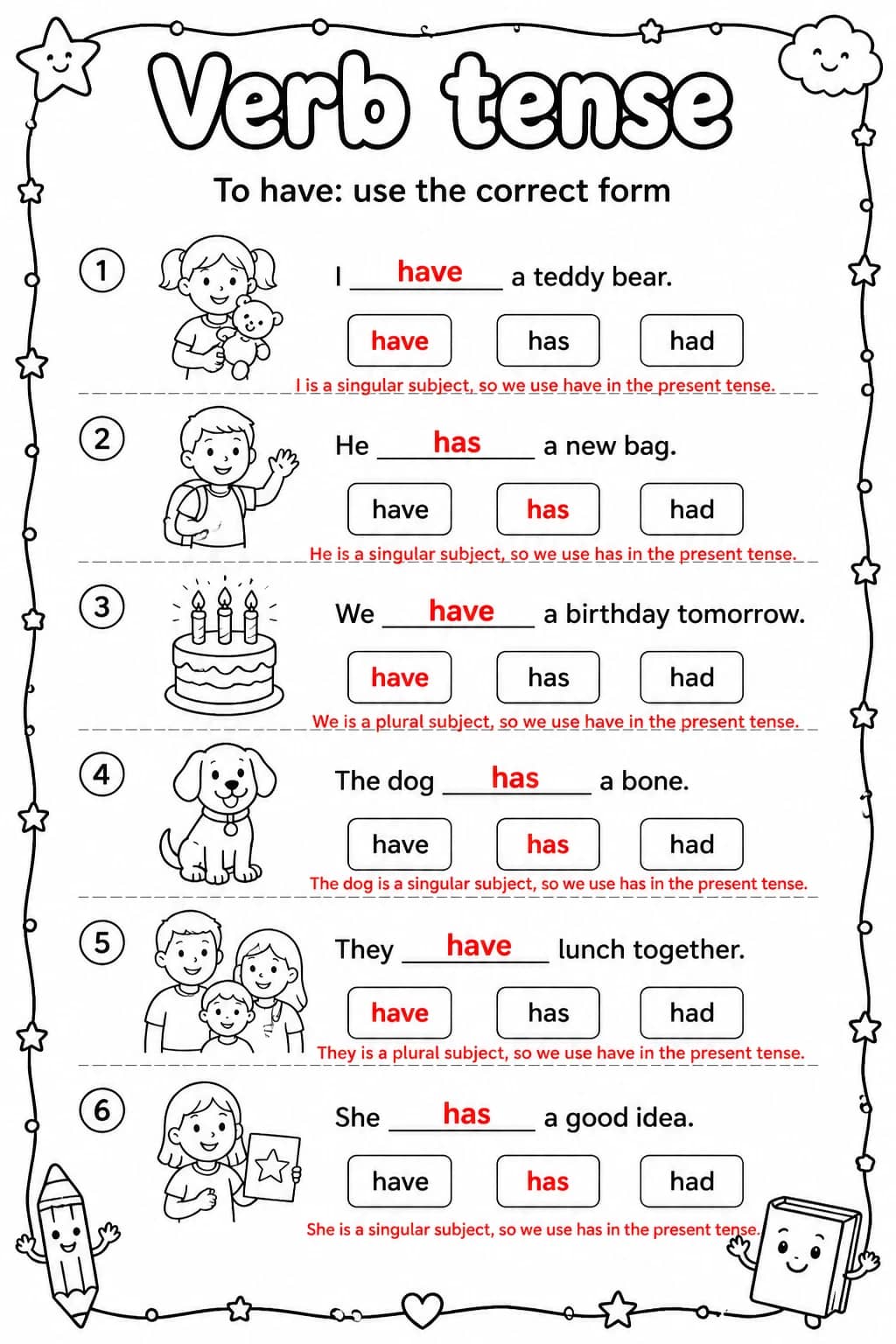 Answer key for To have: use the correct form — free printable English & Reading worksheet