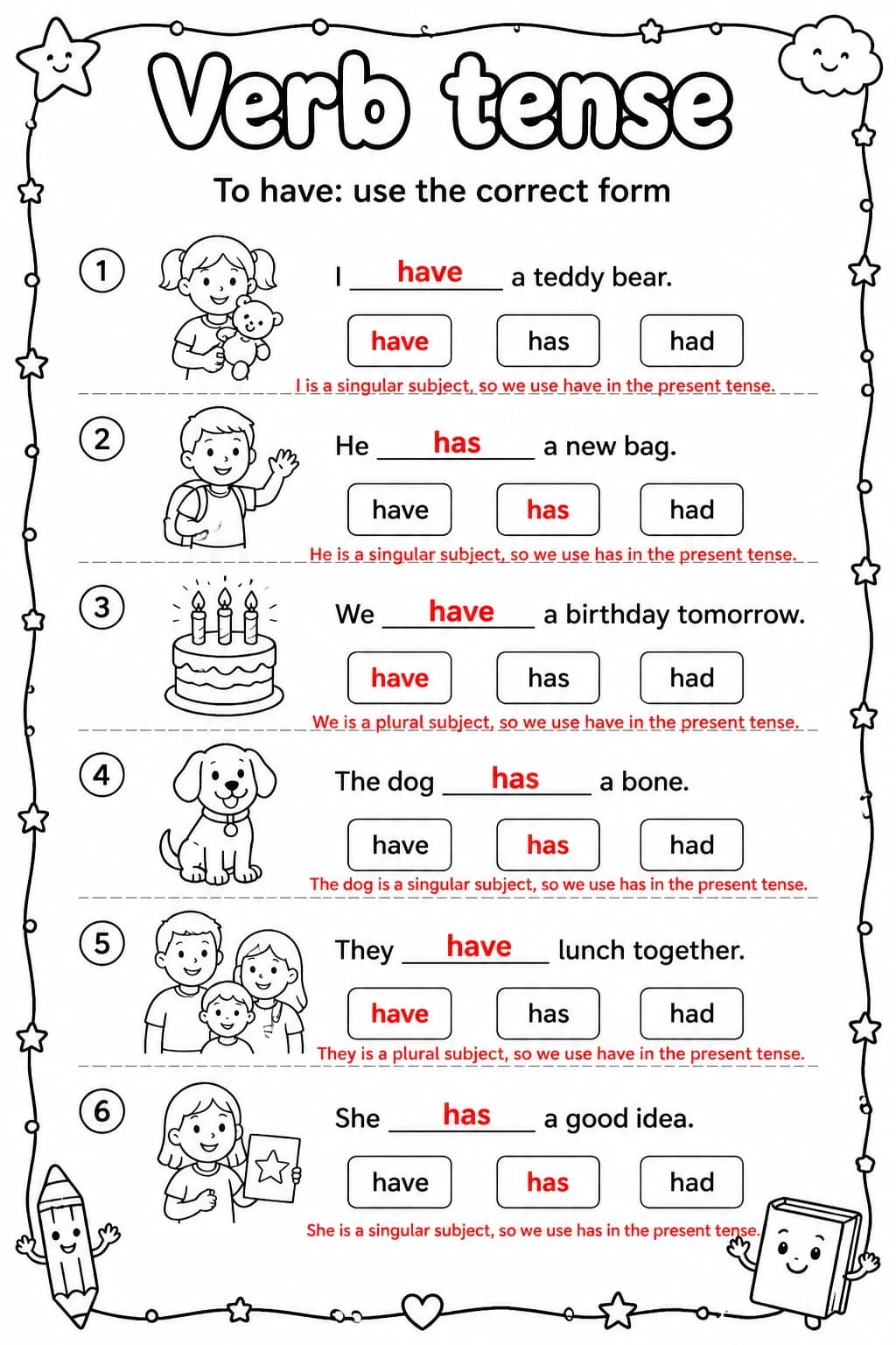 Answer key for To have: use the correct form — free printable English & Reading worksheet