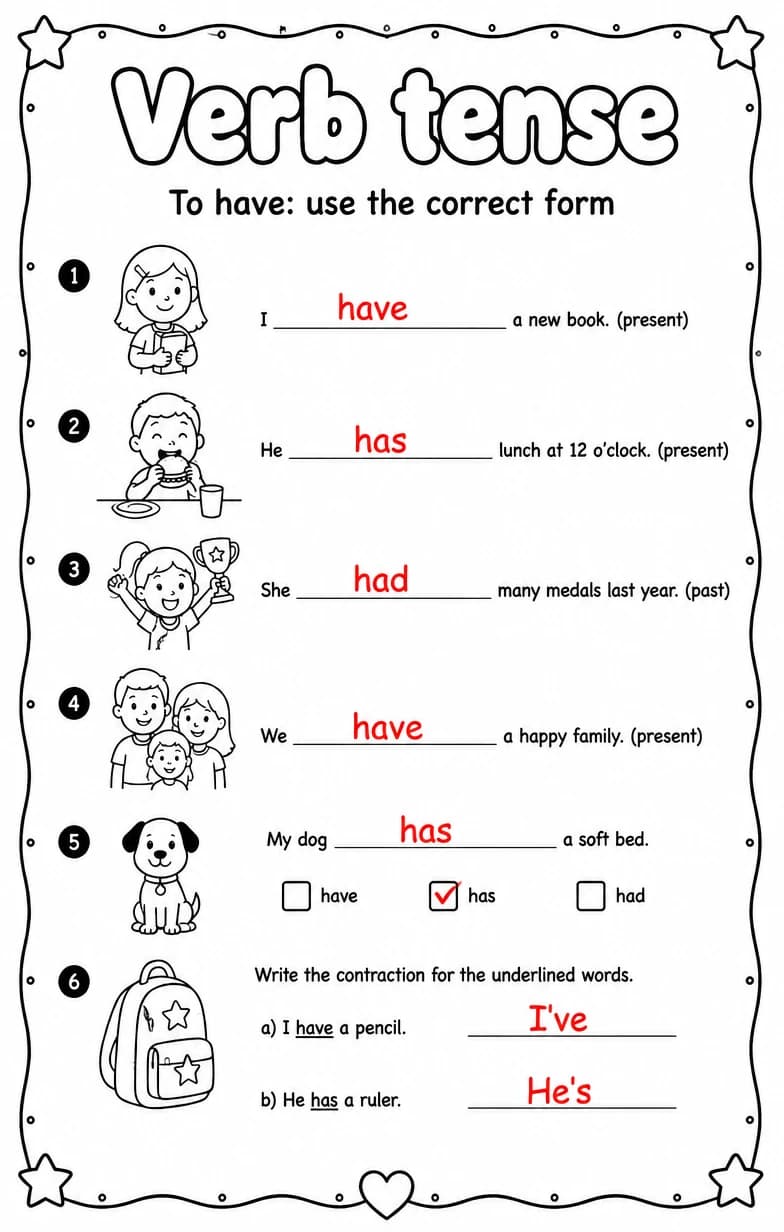 Answer key for To have: use the correct form — free printable English & Reading worksheet