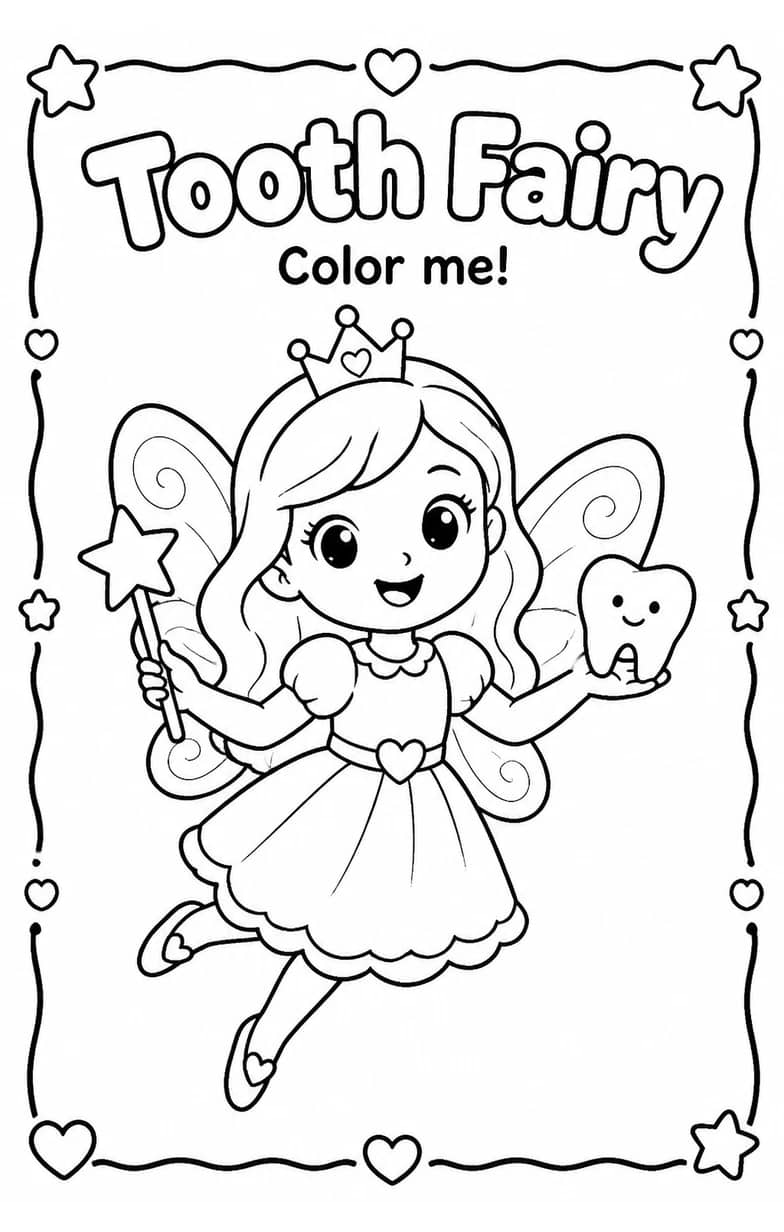 Tooth Fairy Coloring Pages — free printable Kindergarten Art worksheet