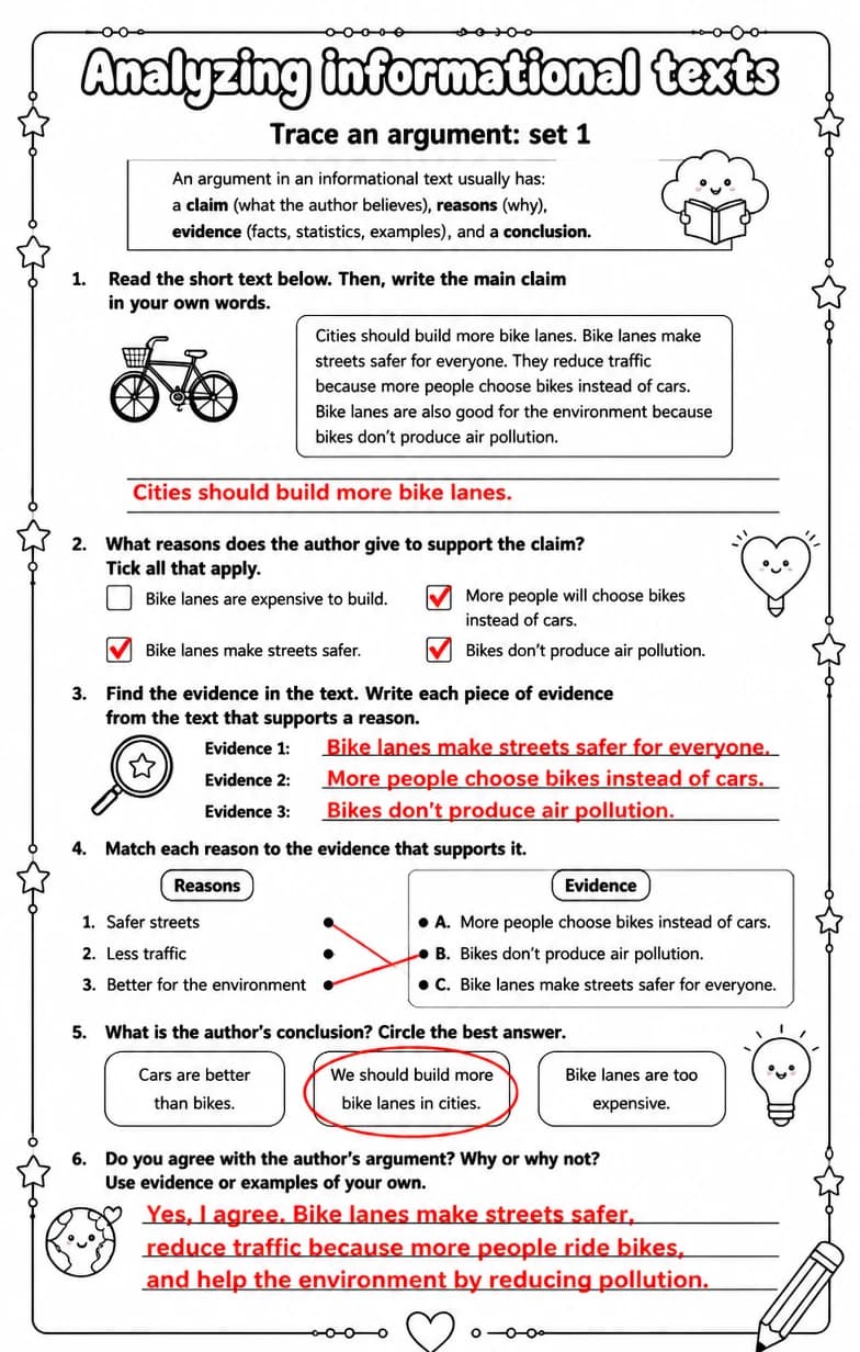 Answer key for Trace an argument: set 1 — free printable English & Reading worksheet
