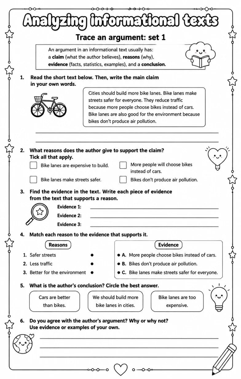 Trace an argument: set 1 — free printable Reading strategies English worksheet