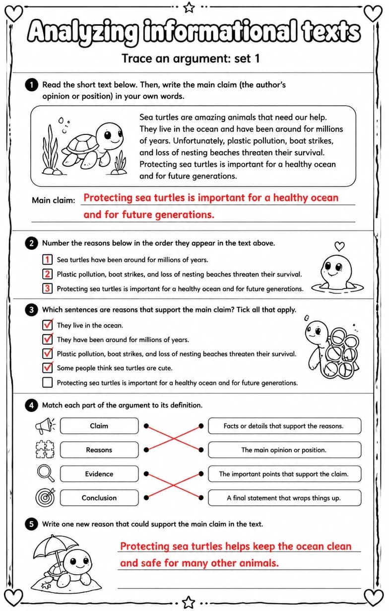 Answer key for Trace an argument: set 1 — free printable English & Reading worksheet