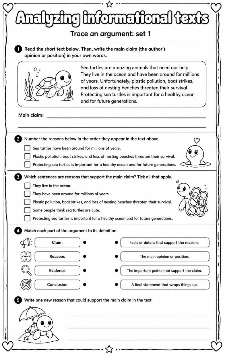 Trace an argument: set 1 — free printable Reading strategies English worksheet