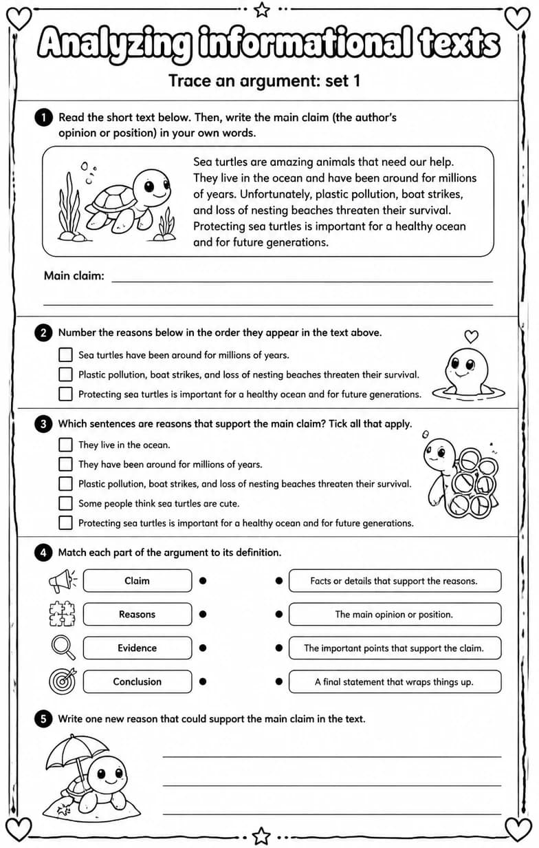 Trace an argument: set 1 — free printable High School English & Reading worksheet
