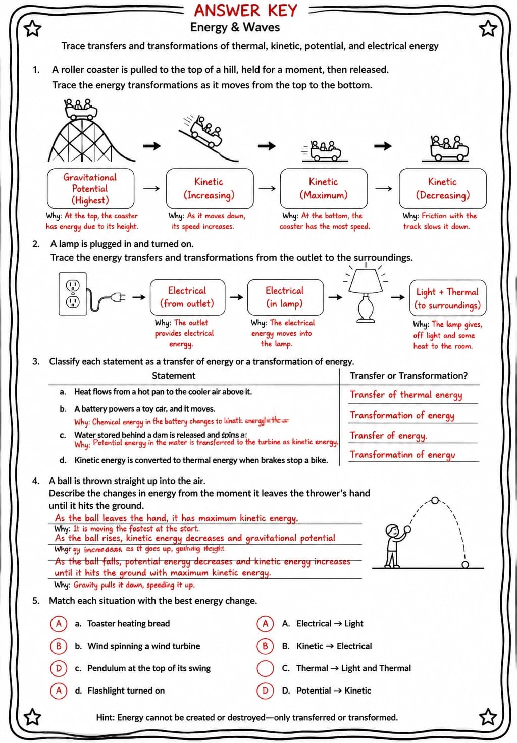 Answer key for Trace transfers and transformations of thermal, kinetic, potential, and electrical energy — free printable Science worksheet