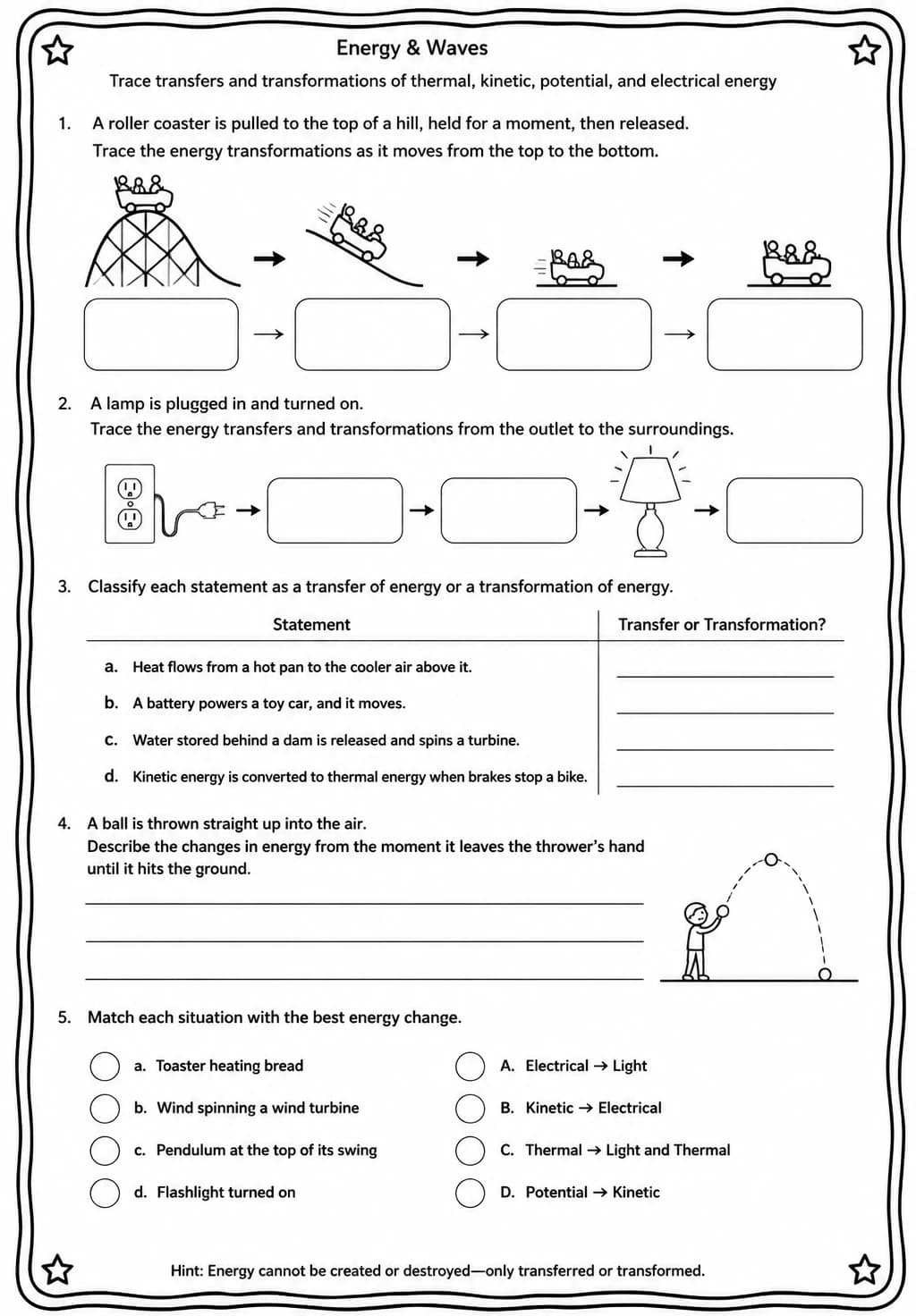 Trace transfers and transformations of thermal, kinetic, potential, and electrical energy — free printable High School Science worksheet