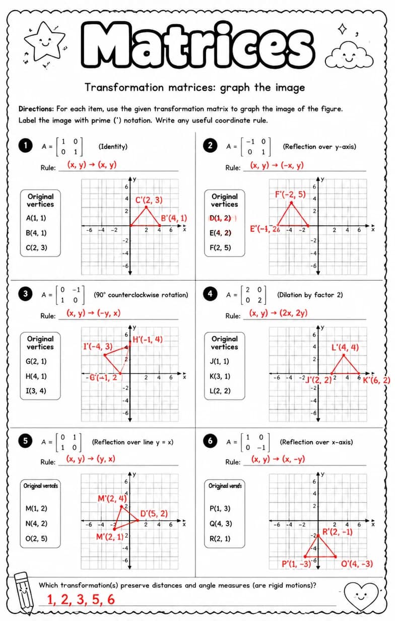 Answer key for Transformation matrices: graph the image — free printable Math worksheet