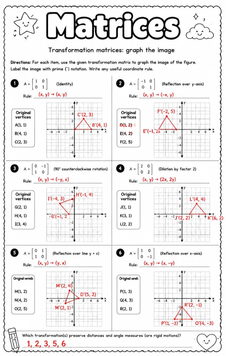 Answer key for Transformation matrices: graph the image — free printable Math worksheet