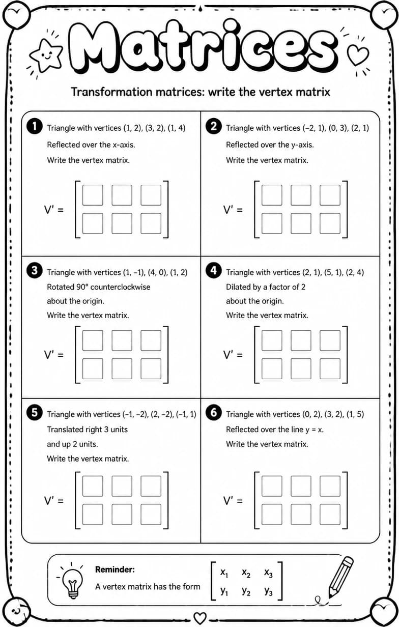 Transformation matrices: write the vertex matrix — free printable Algebra 2 math worksheet