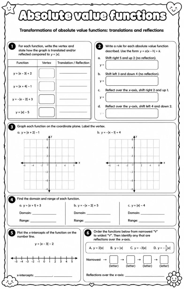 Transformations of absolute value functions: translations and reflections — free printable Algebra 1 math worksheet