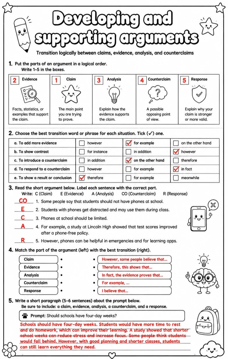 Answer key for Transition logically between claims, evidence, analysis, and counterclaims — free printable English & Reading worksheet