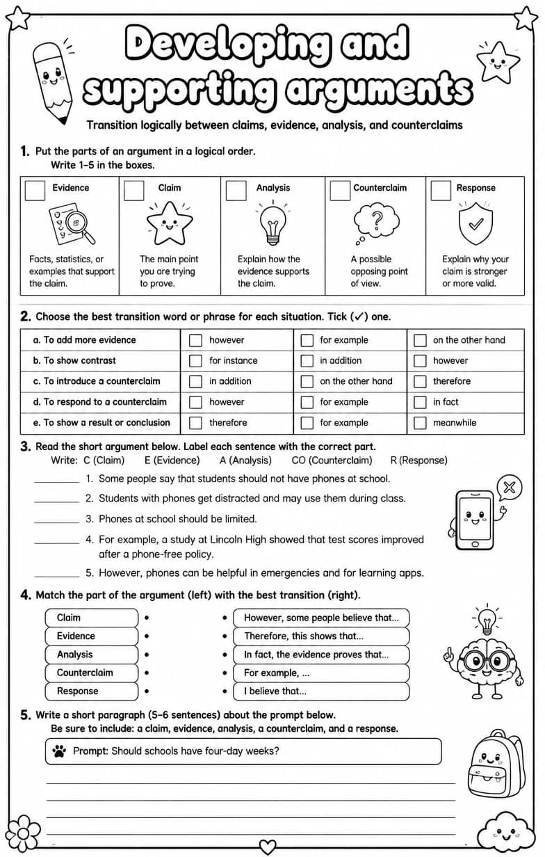 Transition logically between claims, evidence, analysis, and counterclaims — free printable Writing strategies English worksheet