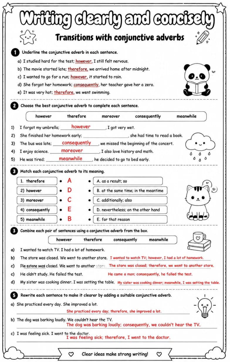 Answer key for Transitions with conjunctive adverbs — free printable English & Reading worksheet
