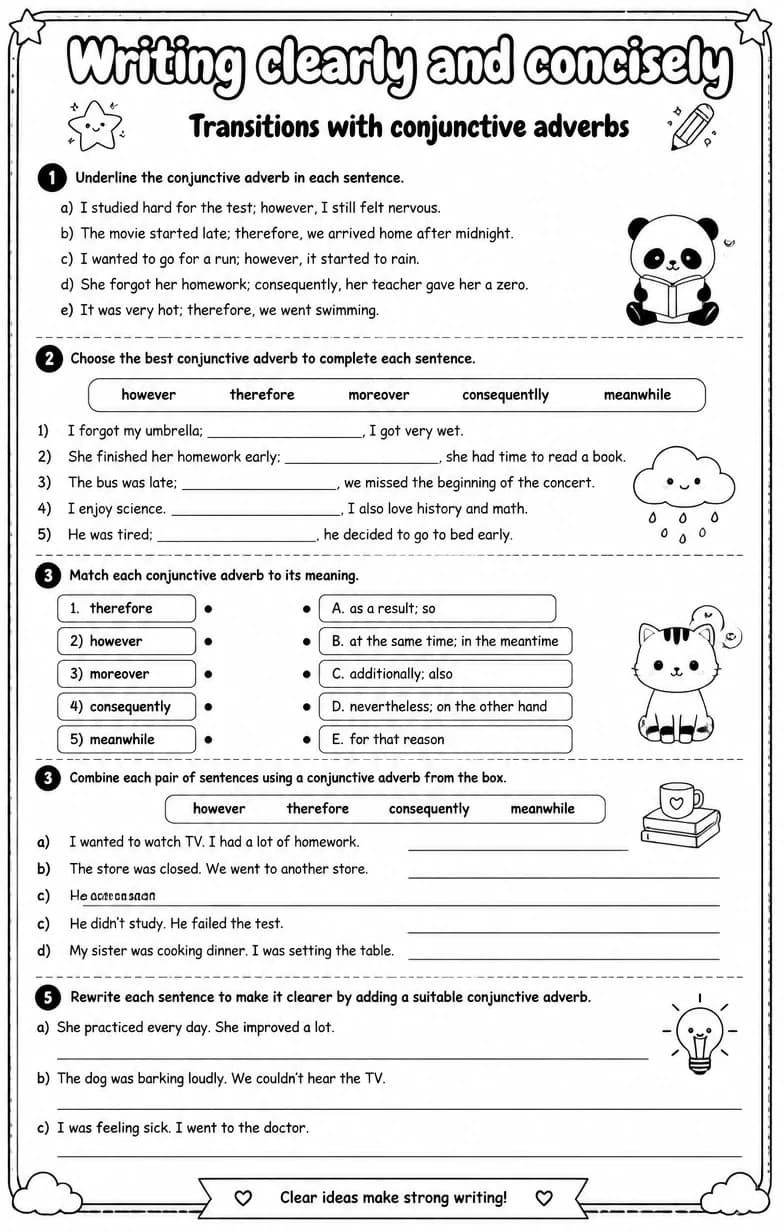 Transitions with conjunctive adverbs — free printable Writing strategies English worksheet