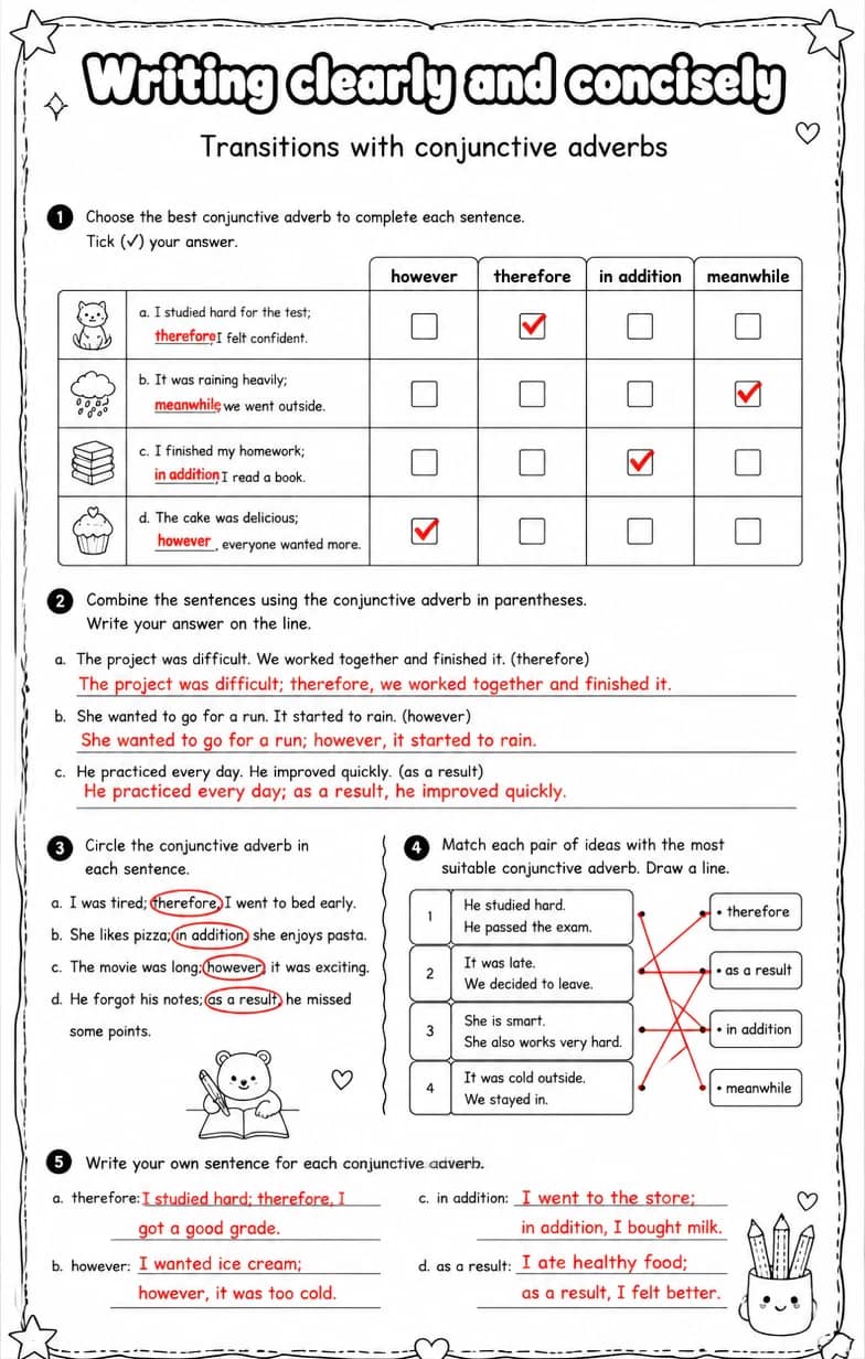 Answer key for Transitions with conjunctive adverbs — free printable English & Reading worksheet