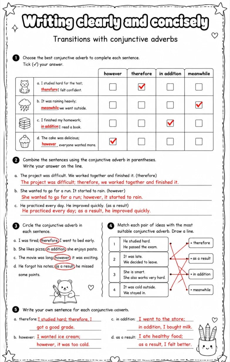 Answer key for Transitions with conjunctive adverbs — free printable English & Reading worksheet