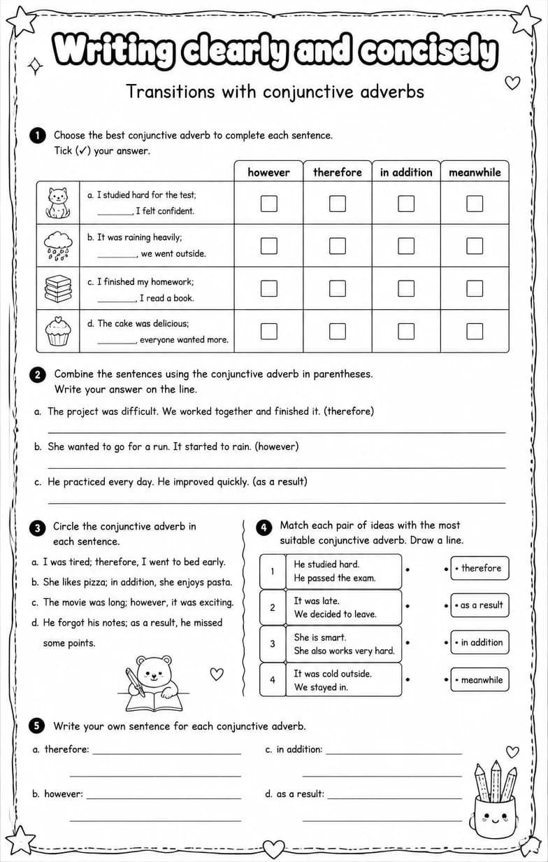 Transitions with conjunctive adverbs — free printable Writing strategies English worksheet