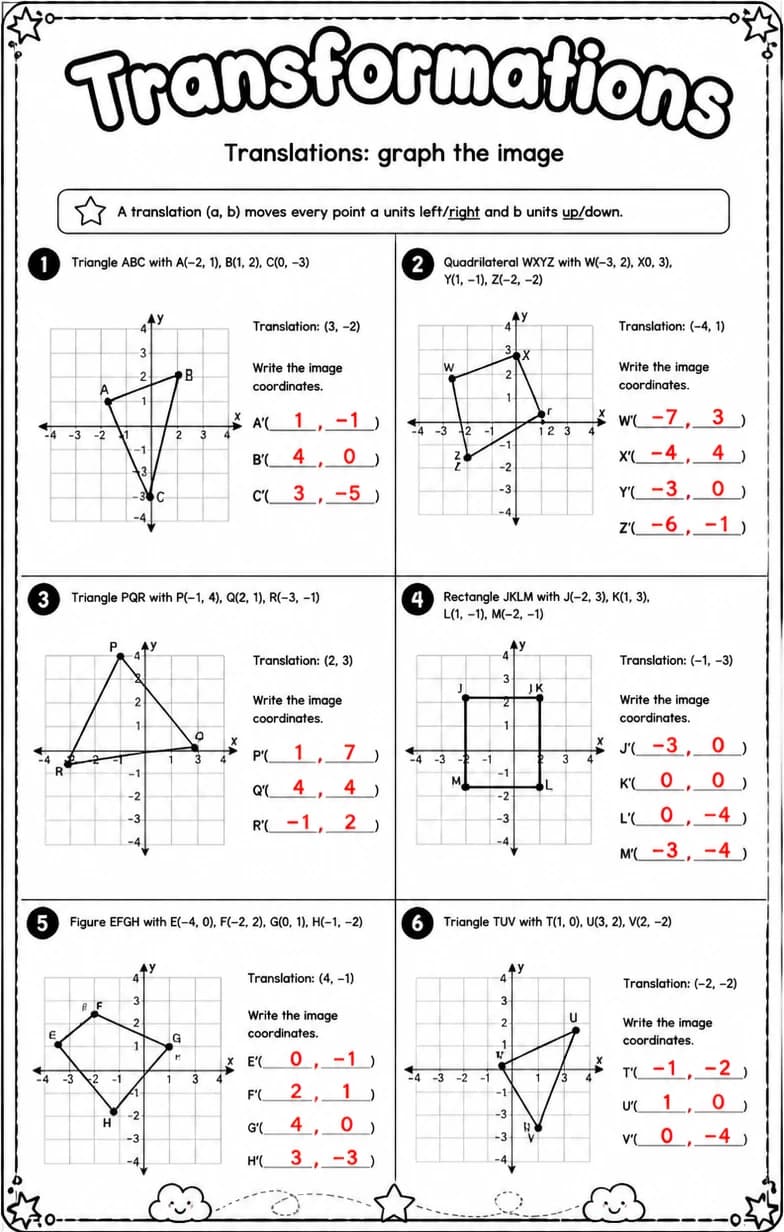 Answer key for Translations: graph the image — free printable Math worksheet