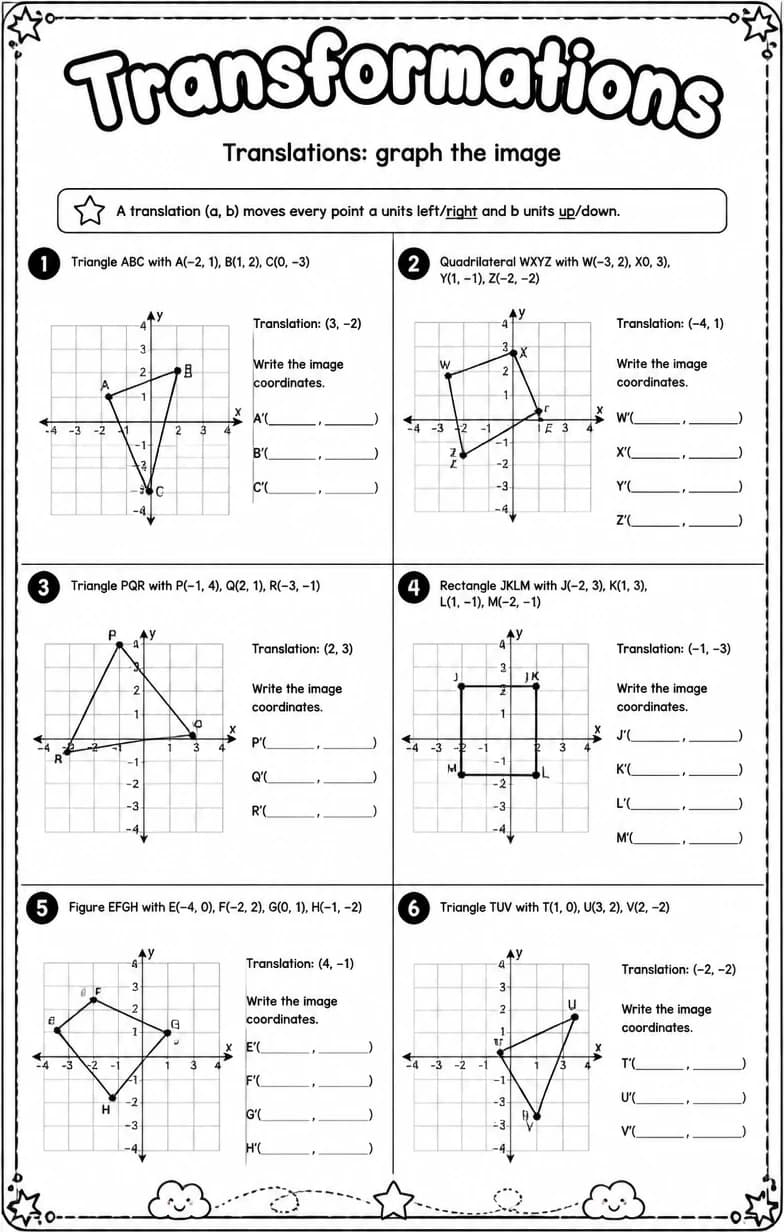 Translations: graph the image — free printable Grade 7 math worksheet