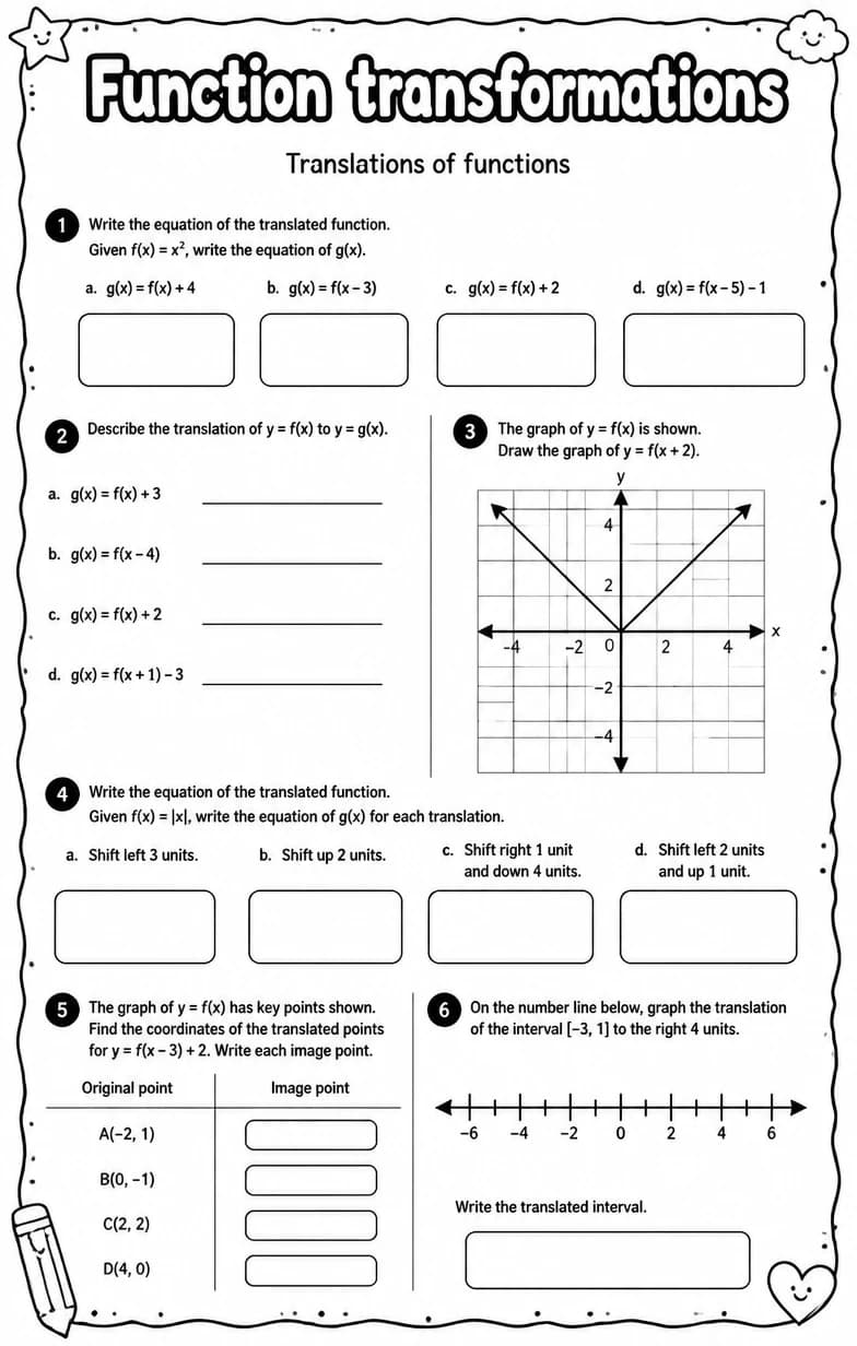 Translations of functions — free printable Algebra 1 math worksheet